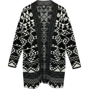 FRYE Women's M Black White Geometric Southwestern Open Front Long Cardigan